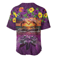 Hawaiian Turtle Love Couple Baseball Jersey Ocean Serenade - Honu Honi Ihu with Hibiscus and Romantic Sunset Purple Color