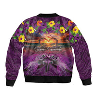 Hawaiian Turtle Love Couple Bomber Jacket Ocean Serenade - Honu Honi Ihu with Hibiscus and Romantic Sunset Purple Color