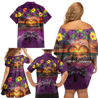 Hawaiian Turtle Love Couple Family Matching Off Shoulder Short Dress and Hawaiian Shirt Ocean Serenade - Honu Honi Ihu with Hibiscus and Romantic Sunset Purple Color
