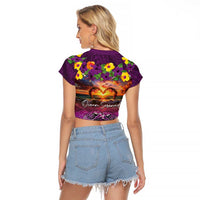 Hawaiian Turtle Love Couple Raglan Cropped T Shirt Ocean Serenade - Honu Honi Ihu with Hibiscus and Romantic Sunset Purple Color LT03 - Polynesian Pride