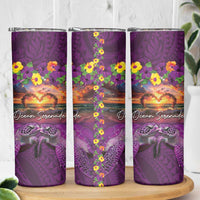 Hawaiian Turtle Love Couple Skinny Tumbler Ocean Serenade - Honu Honi Ihu with Hibiscus and Romantic Sunset Purple Color
