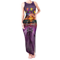 Hawaiian Turtle Love Couple Tank Maxi Dress Ocean Serenade - Honu Honi Ihu with Hibiscus and Romantic Sunset Purple Color LT03 Women Purple - Polynesian Pride
