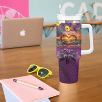 Hawaiian Turtle Love Couple Tumbler With Handle Ocean Serenade - Honu Honi Ihu with Hibiscus and Romantic Sunset Purple Color