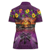 Hawaiian Turtle Love Couple Women Polo Shirt Ocean Serenade - Honu Honi Ihu with Hibiscus and Romantic Sunset Purple Color