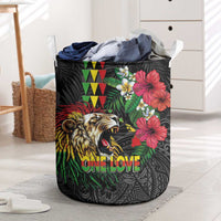 Hawaiian One Love Laundry Basket Reggae Lion Tropical Plants and Kakau with Tribal Pattern