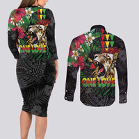 Hawaiian One Love Couples Matching Long Sleeve Bodycon Dress and Long Sleeve Button Shirt Reggae Lion Tropical Plants and Kakau with Tribal Pattern LT03 - Polynesian Pride
