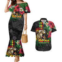 Hawaiian One Love Couples Matching Mermaid Dress and Hawaiian Shirt Reggae Lion Tropical Plants and Kakau with Tribal Pattern LT03 Black - Polynesian Pride