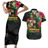 Hawaiian One Love Couples Matching Short Sleeve Bodycon Dress and Hawaiian Shirt Reggae Lion Tropical Plants and Kakau with Tribal Pattern LT03 Black - Polynesian Pride