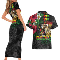 Hawaiian One Love Couples Matching Short Sleeve Bodycon Dress and Hawaiian Shirt Reggae Lion Tropical Plants and Kakau with Tribal Pattern LT03 - Polynesian Pride
