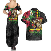 Hawaiian One Love Couples Matching Summer Maxi Dress and Hawaiian Shirt Reggae Lion Tropical Plants and Kakau with Tribal Pattern LT03 - Polynesian Pride