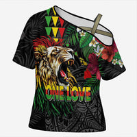 Hawaiian One Love Cross Shoulder Shirt Reggae Lion Tropical Plants and Kakau with Tribal Pattern