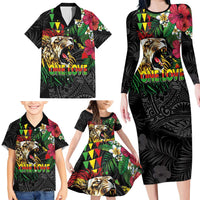 Hawaiian One Love Family Matching Long Sleeve Bodycon Dress and Hawaiian Shirt Reggae Lion Tropical Plants and Kakau with Tribal Pattern LT03 - Polynesian Pride