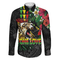 Hawaiian One Love Family Matching Off Shoulder Short Dress and Hawaiian Shirt Reggae Lion Tropical Plants and Kakau with Tribal Pattern LT03 Dad's Shirt - Long Sleeve Black - Polynesian Pride