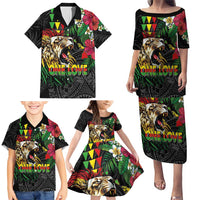 Hawaiian One Love Family Matching Puletasi and Hawaiian Shirt Reggae Lion Tropical Plants and Kakau with Tribal Pattern LT03 - Polynesian Pride