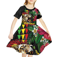 Hawaiian One Love Kid Short Sleeve Dress Reggae Lion Tropical Plants and Kakau with Tribal Pattern