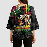 Hawaiian One Love Kimono Sleeve Blouse Reggae Lion Tropical Plants and Kakau with Tribal Pattern