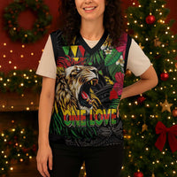 Hawaiian One Love Christmas Knitted V-Neck Vest Reggae Lion Tropical Plants and Kakau with Tribal Pattern