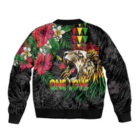 Hawaiian One Love Sleeve Zip Bomber Jacket Reggae Lion Tropical Plants and Kakau with Tribal Pattern