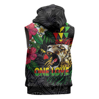 Hawaiian One Love Sleeveless Zip Hoodie Reggae Lion Tropical Plants and Kakau with Tribal Pattern