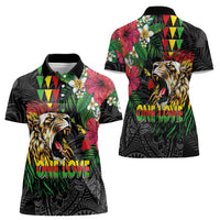 Hawaiian One Love Women Polo Shirt Reggae Lion Tropical Plants and Kakau with Tribal Pattern