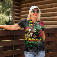 Hawaiian One Love Women Polo Shirt Reggae Lion Tropical Plants and Kakau with Tribal Pattern