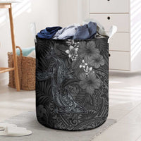 Hawaiian Tropical Plants and Tribal Whales Laundry Basket Polynesian Art Tattoo Grayscale