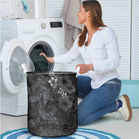 Hawaiian Tropical Plants and Tribal Whales Laundry Basket Polynesian Art Tattoo Grayscale