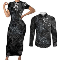 Hawaiian Tropical Plants and Tribal Whales Couples Matching Short Sleeve Bodycon Dress and Long Sleeve Button Shirt Polynesian Art Tattoo Grayscale LT03 Black - Polynesian Pride