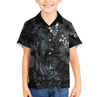 Hawaiian Tropical Plants and Tribal Whales Hawaiian Shirt Polynesian Art Tattoo Grayscale