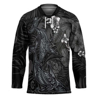 Hawaiian Tropical Plants and Tribal Whales Hockey Jersey Polynesian Art Tattoo Grayscale