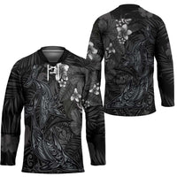 Hawaiian Tropical Plants and Tribal Whales Hockey Jersey Polynesian Art Tattoo Grayscale