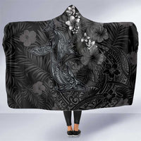 Hawaiian Tropical Plants and Tribal Whales Hooded Blanket Polynesian Art Tattoo Grayscale