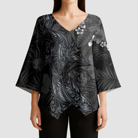 Hawaiian Tropical Plants and Tribal Whales Kimono Sleeve Blouse Polynesian Art Tattoo Grayscale