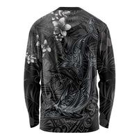 Hawaiian Tropical Plants and Tribal Whales Long Sleeve Shirt Polynesian Art Tattoo Grayscale