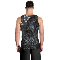 Hawaiian Tropical Plants and Tribal Whales Men Tank Top Polynesian Art Tattoo Grayscale