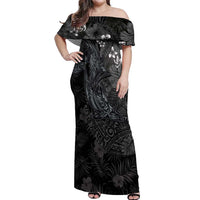 Hawaiian Tropical Plants and Tribal Whales Off Shoulder Maxi Dress Polynesian Art Tattoo Grayscale