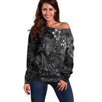 Hawaiian Tropical Plants and Tribal Whales Off Shoulder Sweater Polynesian Art Tattoo Grayscale