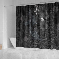 Hawaiian Tropical Plants and Tribal Whales Shower Curtain Polynesian Art Tattoo Grayscale
