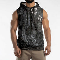 Hawaiian Tropical Plants and Tribal Whales Sleeveless Zip Hoodie Polynesian Art Tattoo Grayscale