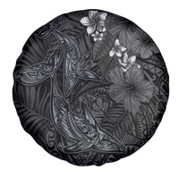 Hawaiian Tropical Plants and Tribal Whales Spare Tire Cover Polynesian Art Tattoo Grayscale