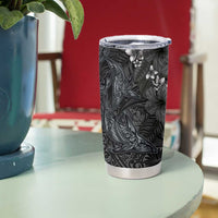 Hawaiian Tropical Plants and Tribal Whales Tumbler Cup Polynesian Art Tattoo Grayscale