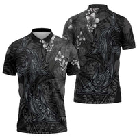 Hawaiian Tropical Plants and Tribal Whales Zipper Polo Shirt Polynesian Art Tattoo Grayscale