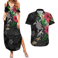 Hawaiian Tropical Plants and Turtles Couples Matching Summer Maxi Dress and Hawaiian Shirt Polynesian Art Motifs LT03 Black - Polynesian Pride
