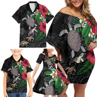 Hawaiian Tropical Plants and Turtles Family Matching Off Shoulder Short Dress and Hawaiian Shirt Polynesian Art Motifs LT03 - Polynesian Pride