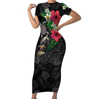 Hawaiian Tropical Plants and Turtles Family Matching Short Sleeve Bodycon Dress and Hawaiian Shirt Polynesian Art Motifs LT03 Mom's Dress Black - Polynesian Pride