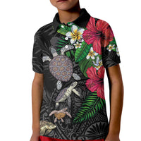 Hawaiian Tropical Plants and Turtles Kid Polo Shirt Polynesian Art Motifs