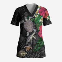 Hawaiian Tropical Plants and Turtles Scrub Top Polynesian Art Motifs