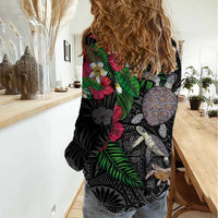 Hawaiian Tropical Plants and Turtles Women Casual Shirt Polynesian Art Motifs