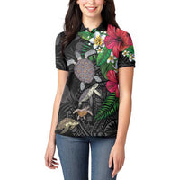 Hawaiian Tropical Plants and Turtles Women Polo Shirt Polynesian Art Motifs