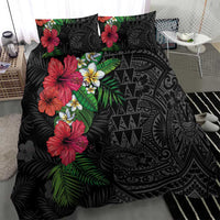 Hawaiian Tropical Plants Bedding Set Kakau Tattoo and Polynesian Pattern Half Black Color